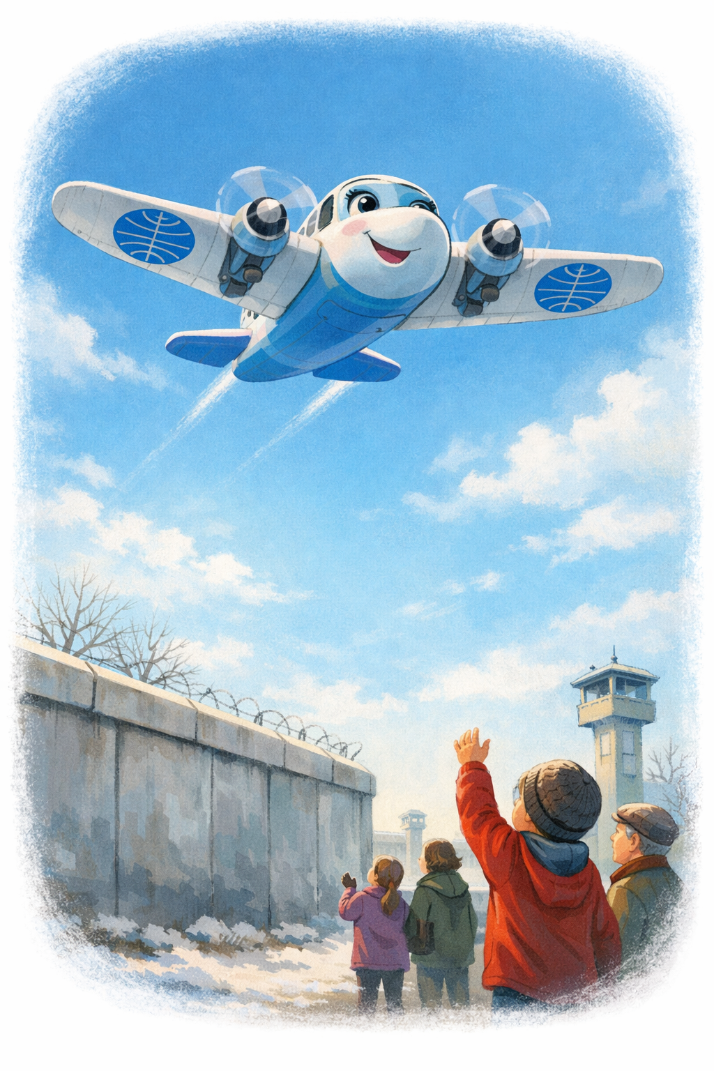 Illustration: Little Clipper mit dem blauen Pan-Am-Globus über der Berliner Mauer, von Kindern auf der Ostseite beobachtet